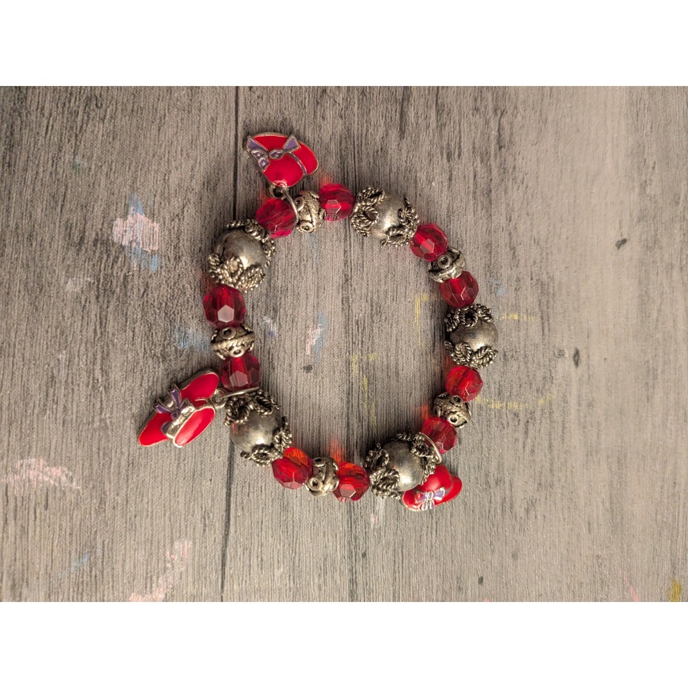 Red Hat Society Stretch Charm Bracelet Red Glass Beads Silver Tone Filigree